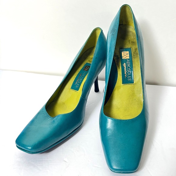 Aerosoles Signature Teal Leather Square Toe Mid Heel Pumps Women's Size 7B - Picture 2 of 11